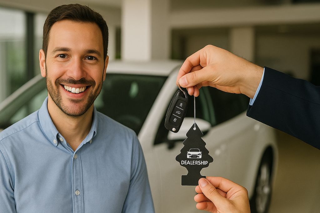 cliente-recibiendo-llaves-coche-nuevo-ambientador-personalizado Cliente sonriente recibiendo las llaves de su coche nuevo con un ambientador personalizado con el logo del concesionario en un concesionario moderno