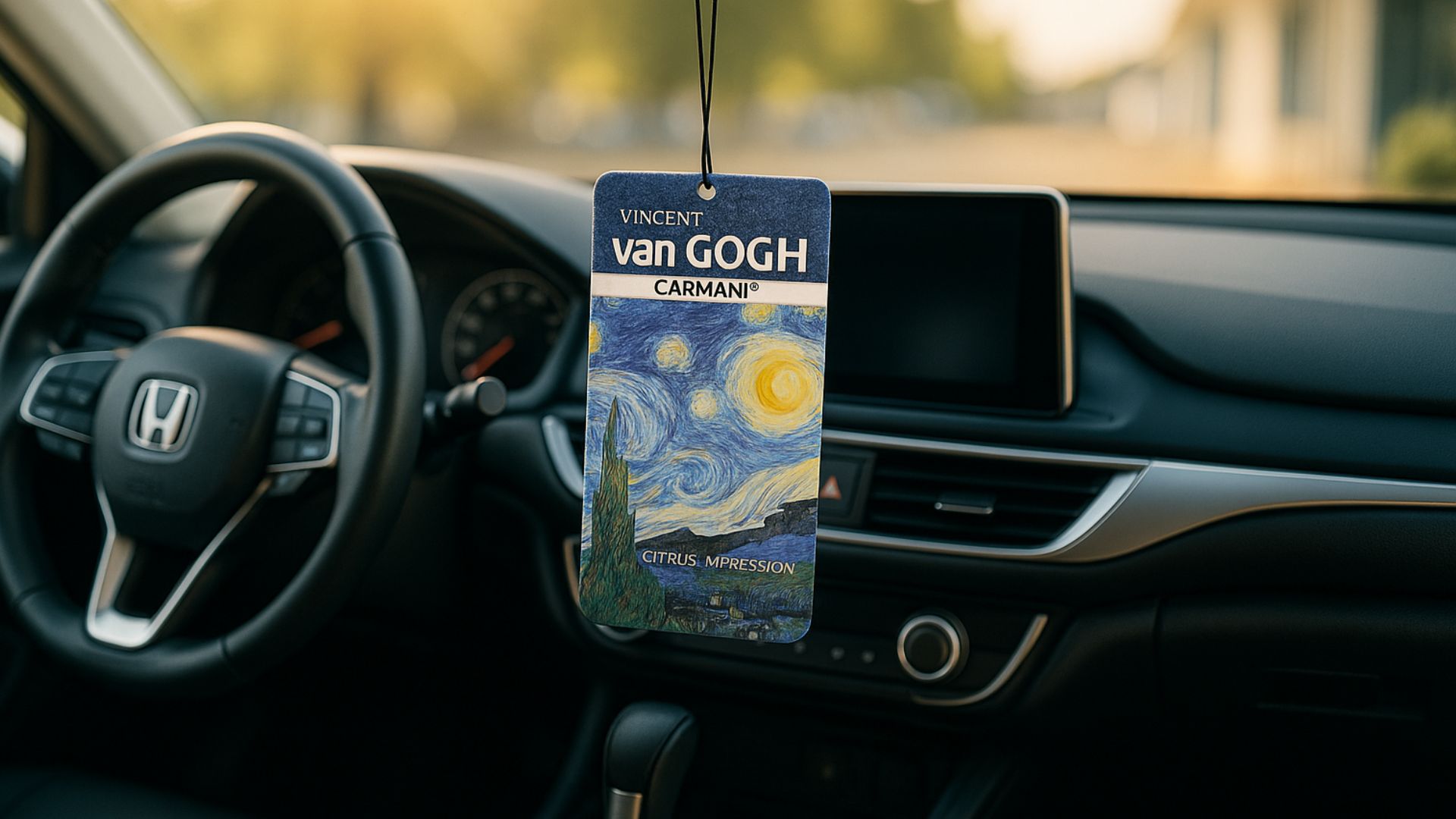 Interior de un coche con un ambientador colgante artístico estilo Van Gogh, ideal como regalo para coche nuevo que aporta un toque personal y elegante.